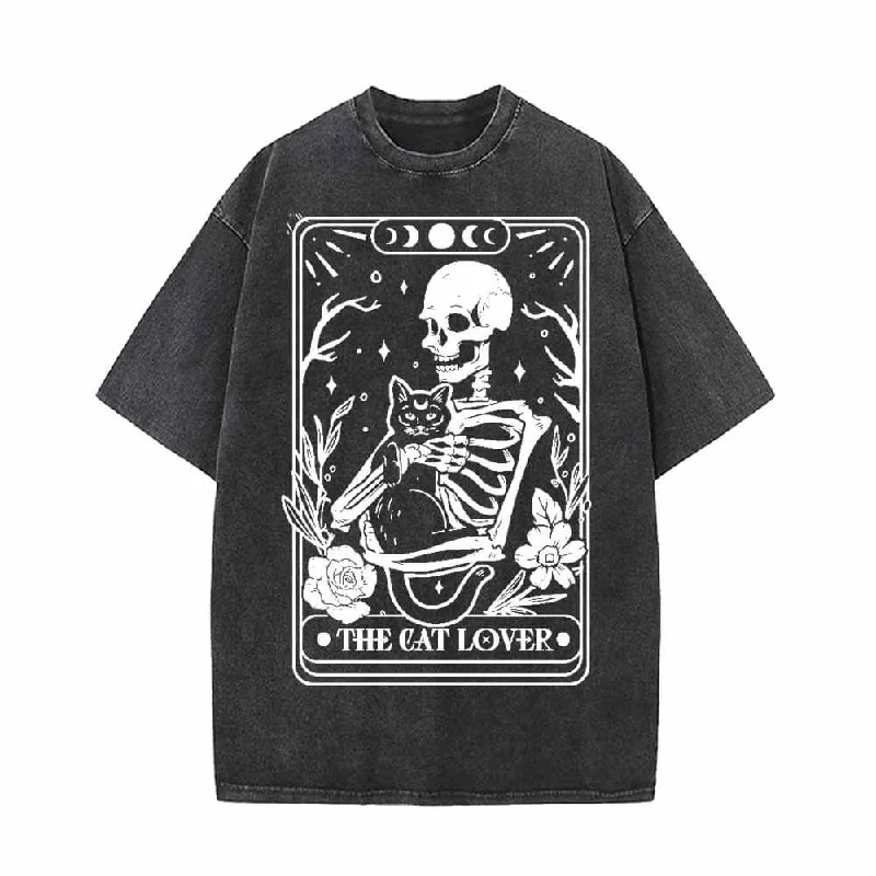 Cat Lover Skeleton Tarot Card Vintage Washed T-shirt-- Fitted T-Shirt Seamless Stretchy
