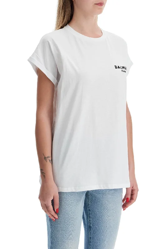 Balmain Flocked Logo T-Shirt-- Cotton Fabric Linen Fabric Terry Fabric