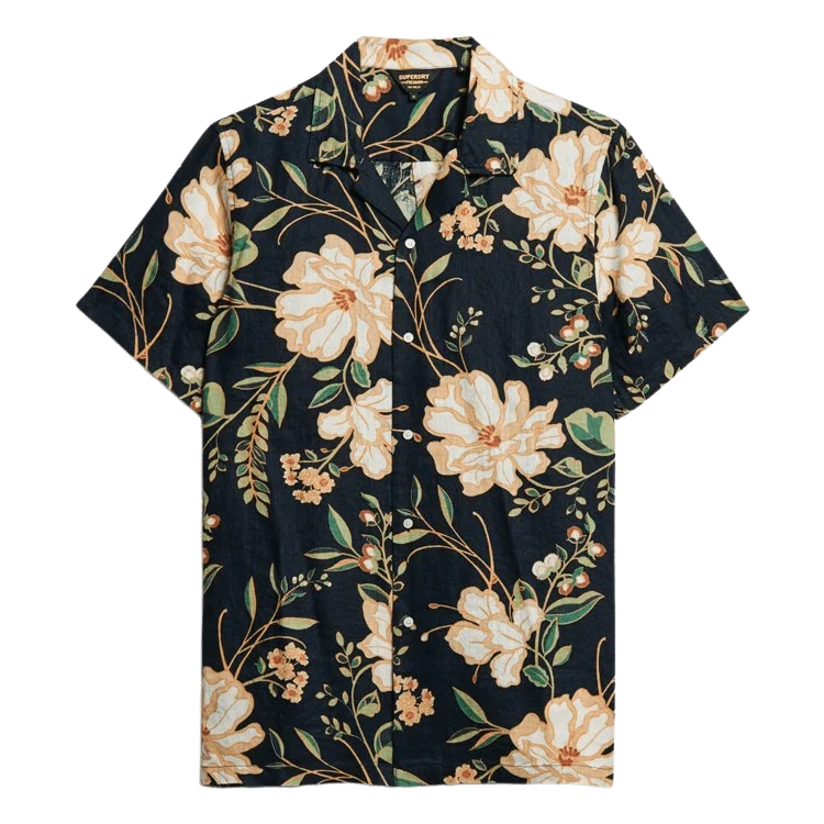 Superdry Open Collar Printed Linen Shirt-- Ribbed T-Shirt High Neck Heavyweight