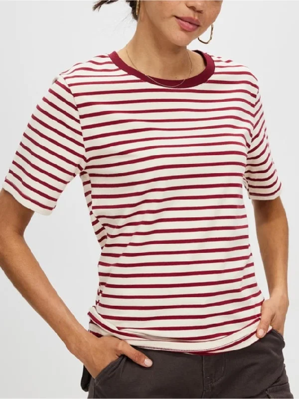 Women's Striped Shirt Short Sleeve Tops Crewneck T-Shirt by Kaja Clothing-Bettina Top-- Fitted T-Shirt Seamless Stretchy