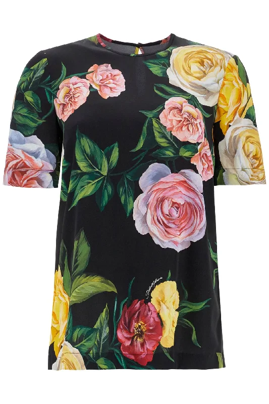 Dolce & Gabbana Women's Black Silk T-Shirt With Floral Print-- Knit Fabric Woven Fabric Fleece Fabric