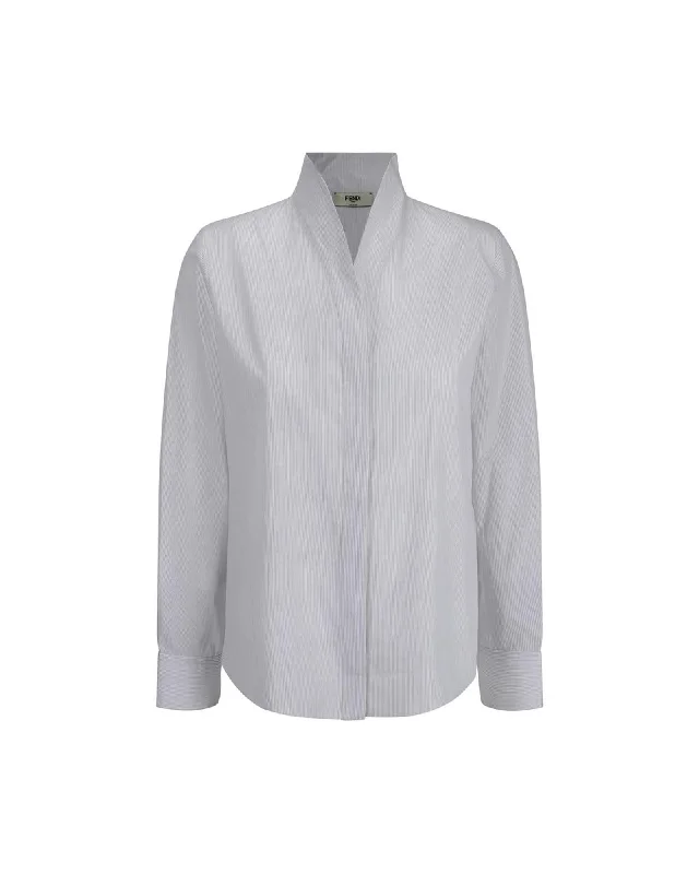 Fendi Striped Cotton V-Neck Shirt with Concealed Button Closure-- Nylon Fabric Polyester Fabric Spandex Fabric