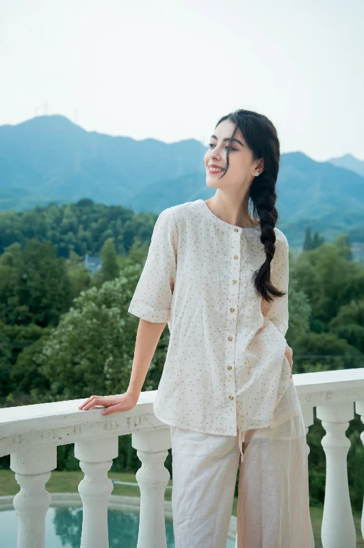 Woman Short Sleeves Cotton Spot Print Shirt Heidi Shirt - Brown Spot Print-- Anti-Pilling Machine Wash Handmade