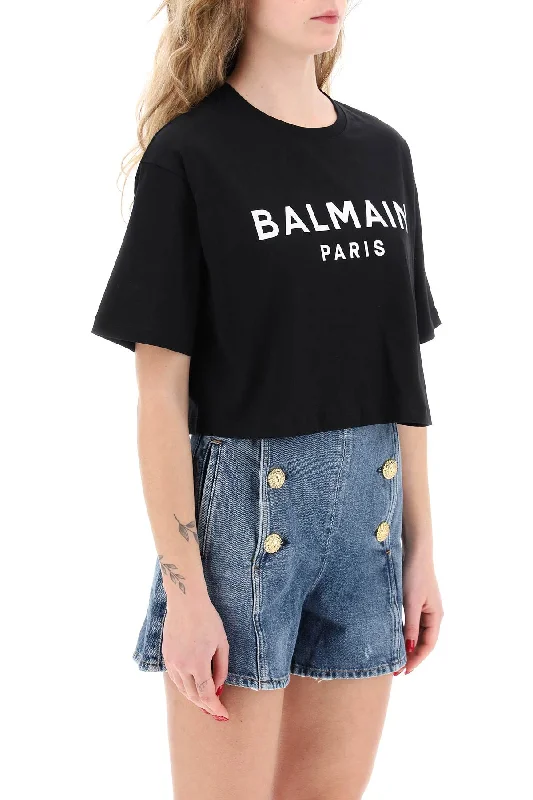 Balmain Logo Print Boxy T-Shirt-- Chenille Fabric Brocade Fabric Lace Fabric