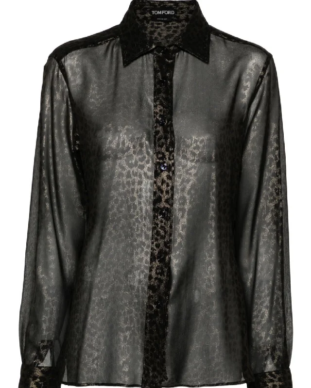 Tom Ford Womens Button Down Shirt In Cheetah-- Houndstooth Herringbone Solid