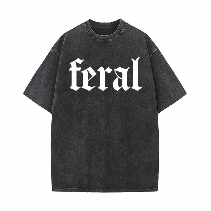 Simple Feral Pattern Vintage Washed T-shirt-- Notch Collar Peter Pan Collar Cowl Neck