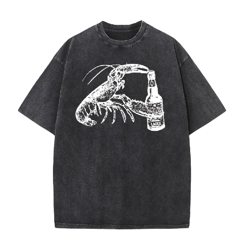 Vintage Washed Beer-drinking Lobster T-shirt-- Knit Fabric Woven Fabric Fleece Fabric