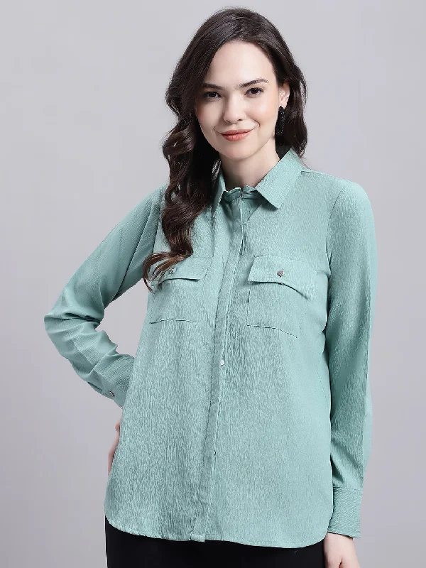 Women Green Solid Shirt Green - Rasiya-- Mesh Fabric Canvas Fabric Denim Fabric