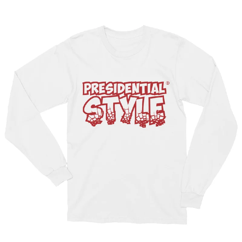 Presidential Style Red Long Sleeve T-Shirt-- Solid Color Striped Floral