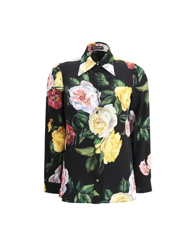 Dolce & Gabbana Rose and Peony Print Shirt with Classic Collar-- Fleece Fabric Down Fabric Feather Fabric