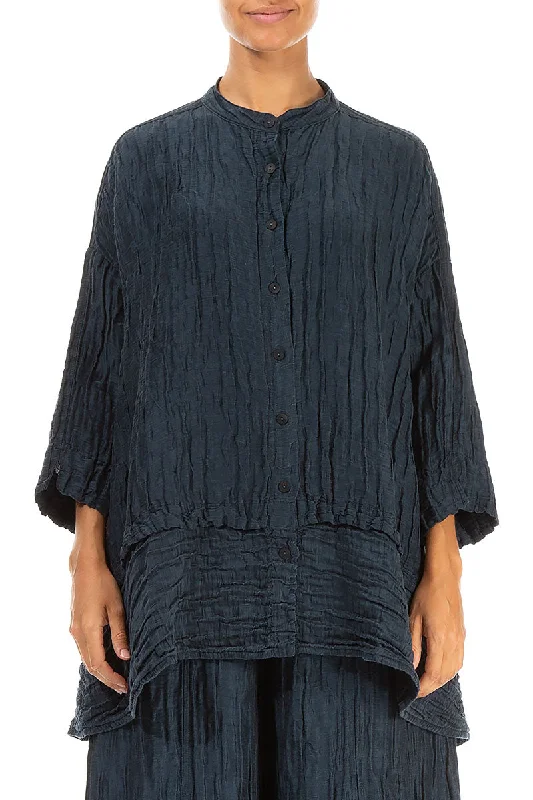 Flared Crinkled Midnight Blue Silk Shirt-- Collared T-Shirt Boat Neck A-Line