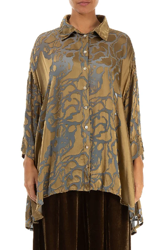 Loose Floral Golden Sage Silk Shirt-- Chenille Blend Fleece Blend Nylon Blend