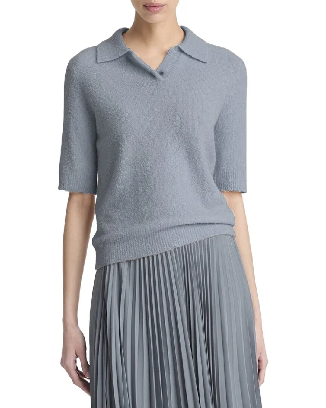 Vince Soft Boucle Silk & Cashmere-Blend Polo Shirt-- Casual Formal Business