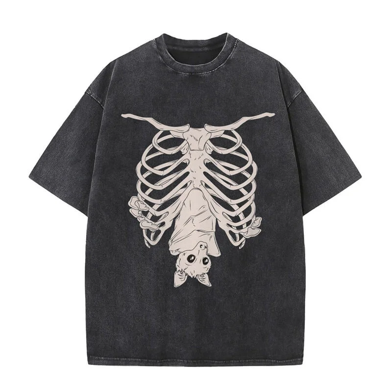 Vintage Washed Creepy Bat Skeleton T-shirt-- Zippered Buttoned Snapped