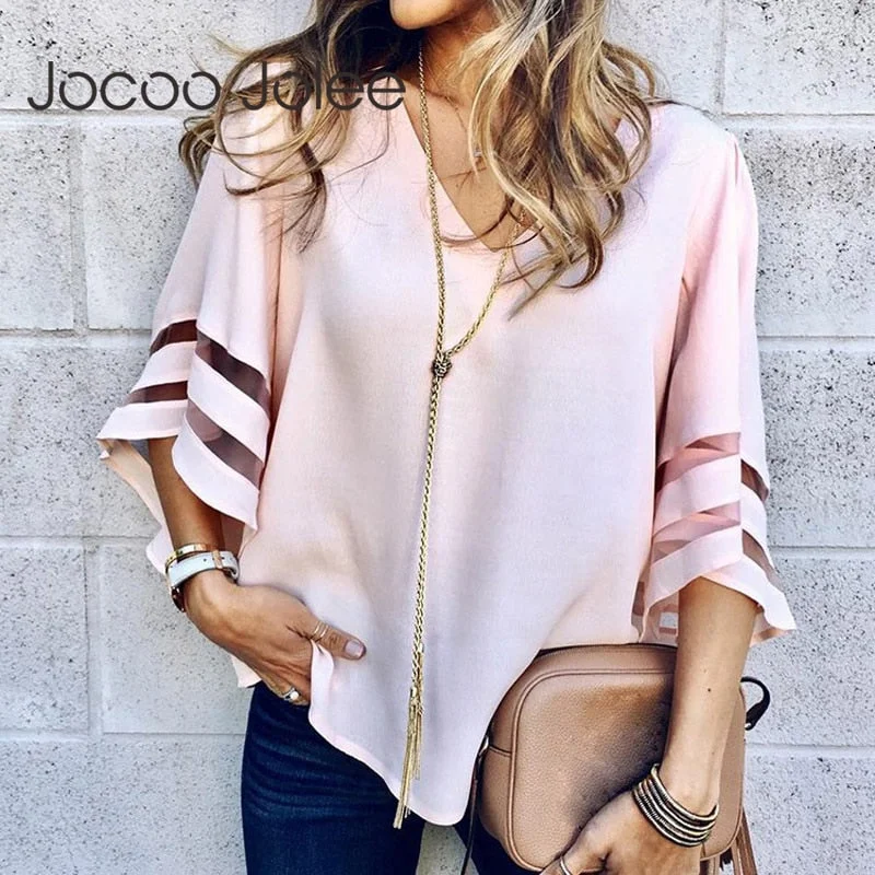 V Neck Flared Sleeves Mesh Patchwork Shirts for women-- Seamless Knitted Crochet
