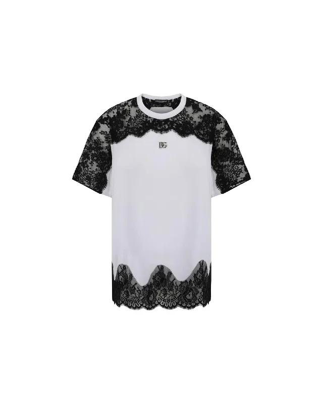 Dolce & Gabbana Cotton T-Shirt with Ribbed Crew Neck and Lace Detail-- Mesh Fabric Canvas Fabric Denim Fabric