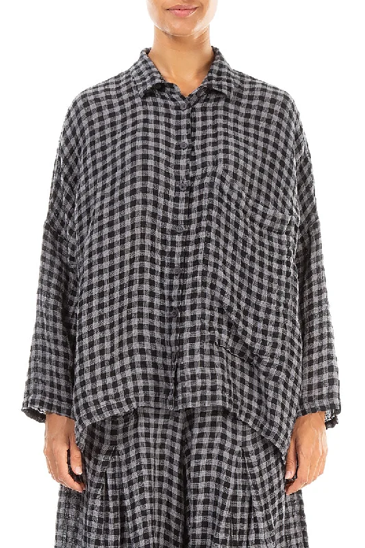 Side Pocket Grey Check Linen Shirt-- Polka Dot Checkered Tartan
