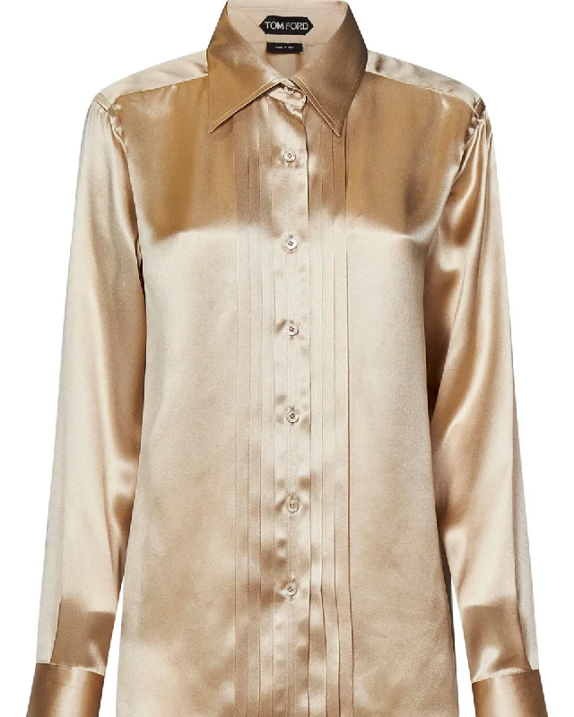 Tom Ford Womens Silk Shirt In Gold-- Polka Dot Checkered Tartan