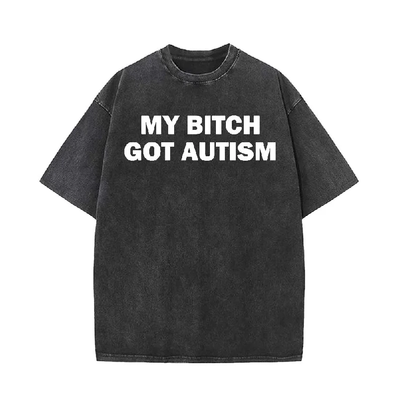 Vintage Washed My Bitch Got Autism Short Sleeve T-shirt-- Beaded Sequined Faux Fur