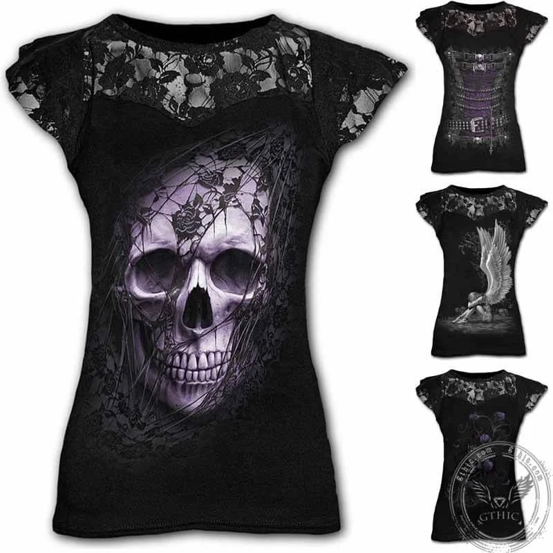 Gothic Skull Print Women’s Long T-shirt-- Graphic T-Shirt Round Neck Polyester