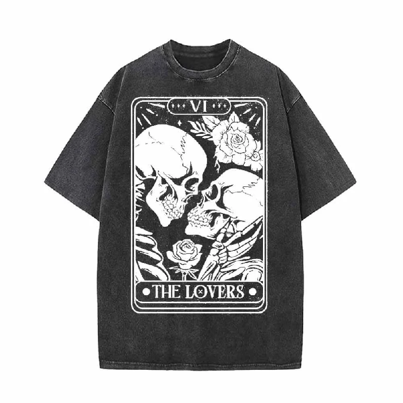 Skeleton Lovers Tarot Card Vintage Washed T-shirt-- Fashionable Trendy Casual