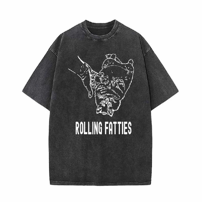 Rolling Fatties Cute Cat Vintage Washed T-shirt-- Machine Wash Dry Clean Hand Wash