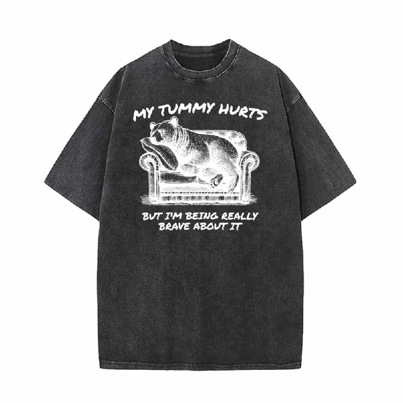 My Tummy Hurts Vintage Washed T-shirt-- Print Jacquard Patchwork