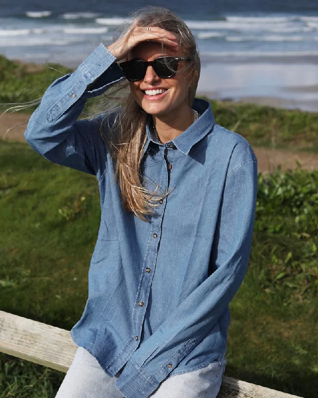 Boyfriend Shirt | Blue Denim-- Hooded Caped Shawl Collar