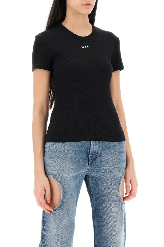 Off-White Ribbed T-Shirt With Off Embroidery-- Knit Fabric Woven Fabric Fleece Fabric