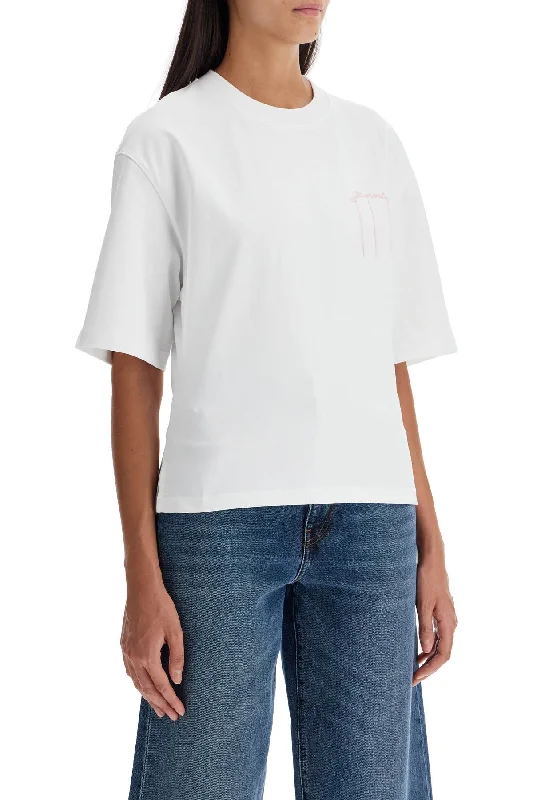Ganni T-Shirt With Frayed Embroidery-- Ribbed Striped Patterned