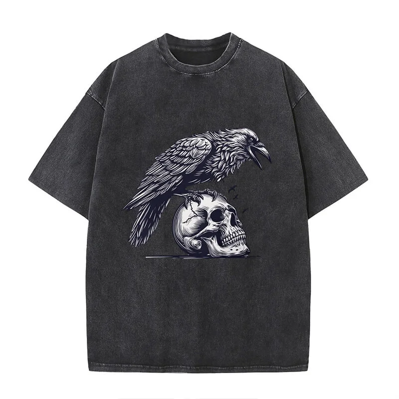 Raven Siting on Skull Vintage Washed T-shirt-- Lace Blend Ribbed Blend Corduroy Blend