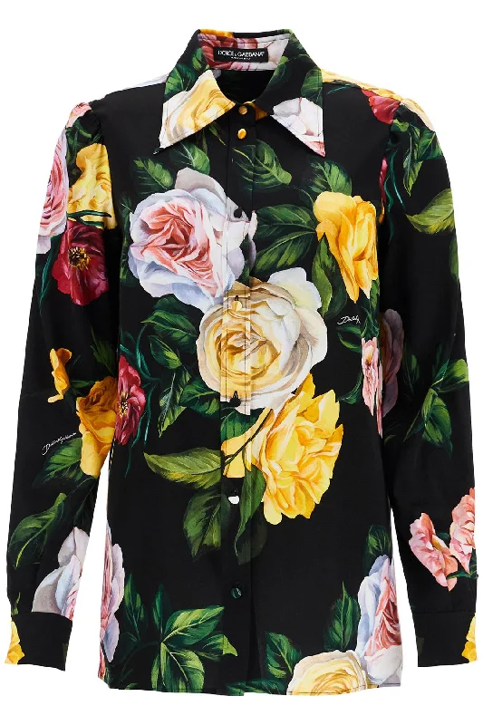 Dolce & Gabbana Women's Black Silk Shirt With Multicolored Roses And Yellow Buttons-- Welt Pockets Slit Pockets Flap Pockets