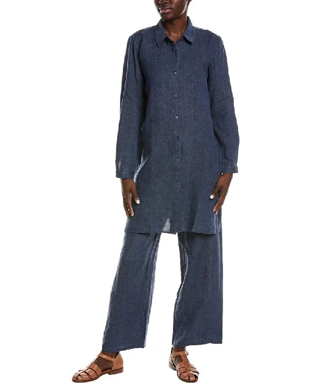Eileen Fisher High Slit Linen Shirt-- Polka Dot Checkered Tartan