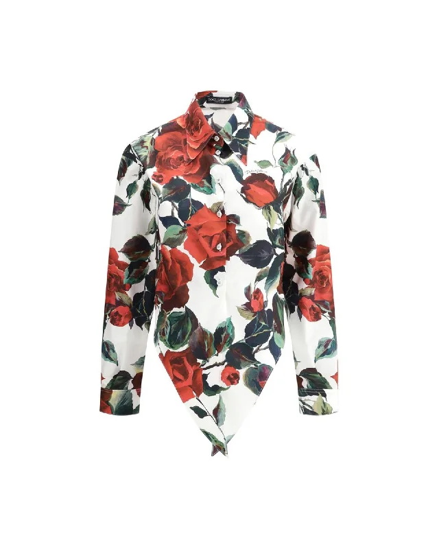 Dolce & Gabbana Asymmetrical Floral Print Shirt with Classic Collar-- Satin Fabric Silk Fabric Chiffon Fabric