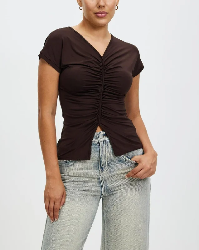 V Neck T Shirts for Women Short Sleeve Casual Ribbed Slim Fitted Tops - Trix Top-- Welt Pockets Slit Pockets