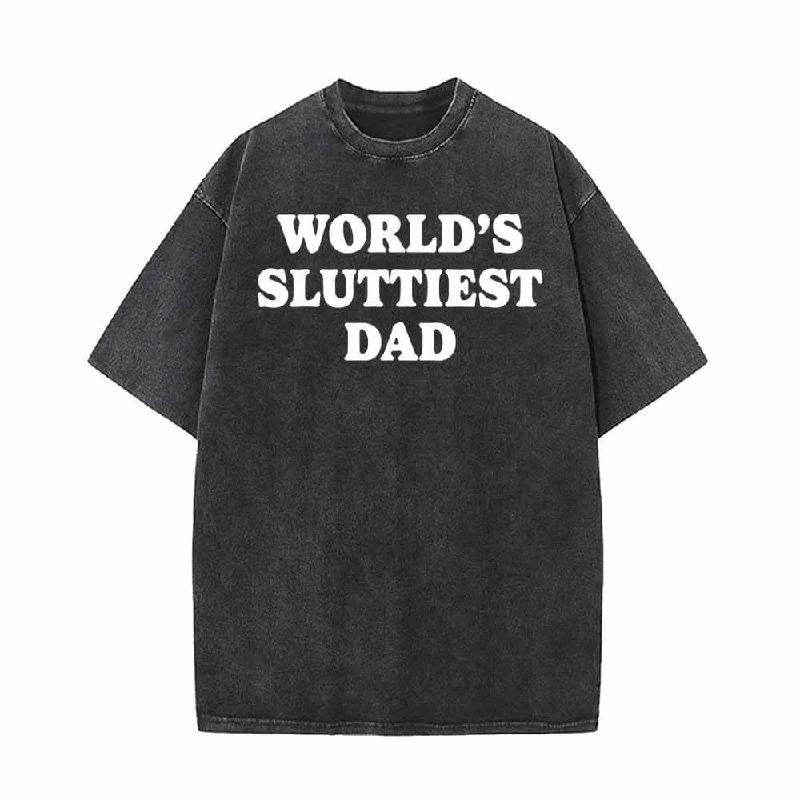 World's Sluttiest Dad Vintage Washed T-shirt-- V-Neck T-Shirt Long Sleeve Cotton
