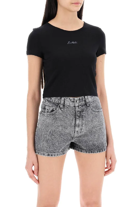 Rotate Cropped T-Shirt With Embroidered Lurex Logo-- Lace Blend Ribbed Blend Corduroy Blend