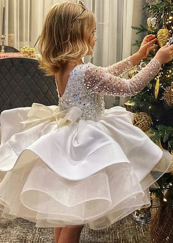 Elegant White Backless Sequins Patchwork Tulle Kids Mid Dresses Fall RP040 Tunics Silk luxurious