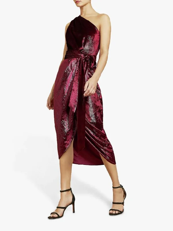 Metallic One Shoulder Velvet Midi Dress sweetheart Neckline Romantic