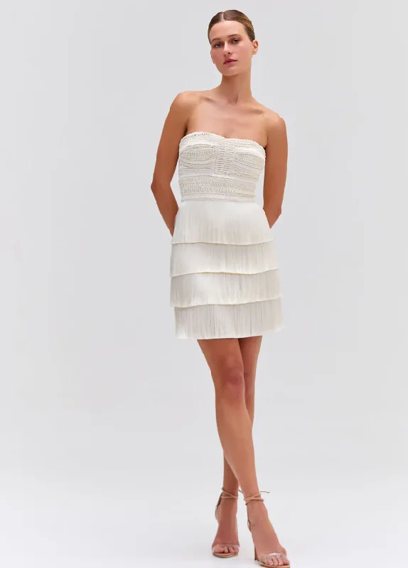 PatBo Strapless Fringe Mini Dress White Elegant Velvet Mini Dress