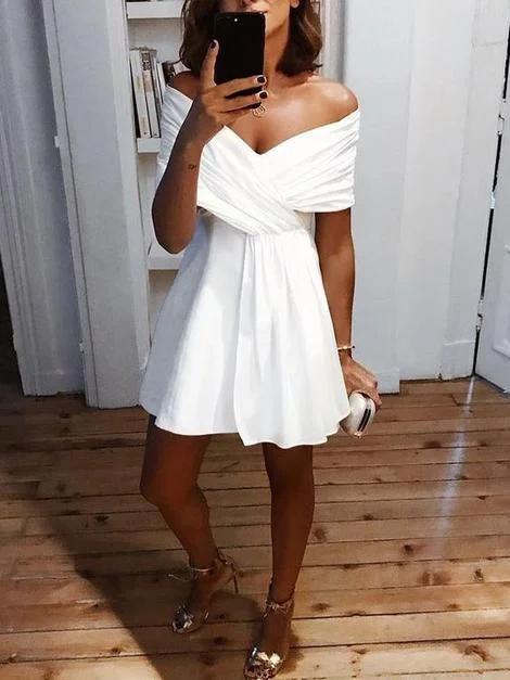 Solid Cross Over Bardot Mini Dress,Short Homecoming Dress     cg22798 Fashionable Party Mini Dress