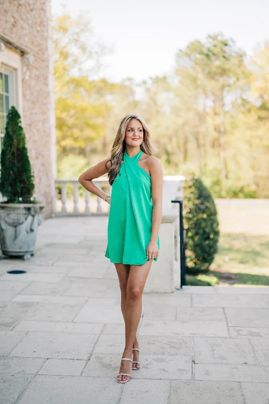 Jasmine Halter Mini Dress - Emerald Satin Cozy A-Line Mini Dress