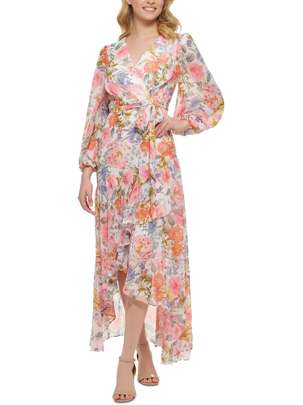 Petites Womens Ruffled Midi Wrap Dress Tunics Polka dots
