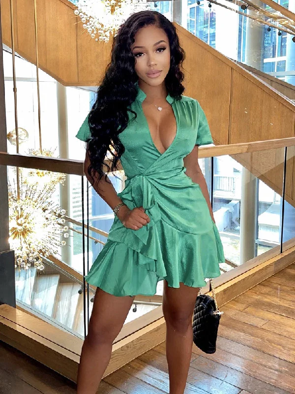 Julia Fashion - Sexy V Neck Short Sleeve Ruffled Mini Dress Modern Satin Mini Dress