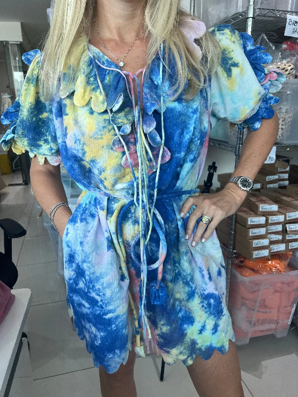 Maja Scallop Mini Dress Kaleidoscope Tie Dye Blueberry Trendy Denim Mini Dress