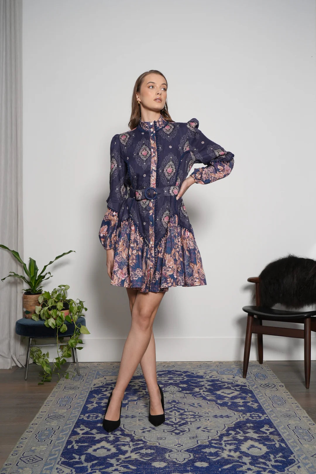 Lulu Zagame Empire Mini Dress in Navy & Diamond Patchwork Stylish Ruffle Mini Dress