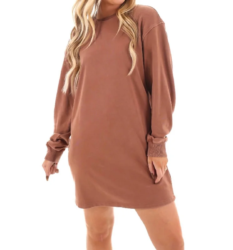 Relaxed Fit Sweatshirt Dress In Chestnut Hoodie with Hood Adjustable Protection