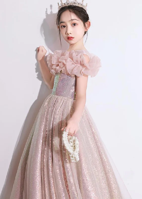 Elegant Pink Patchwork Tulle Girls Maxi Dresses Short Sleeve QV010 Tunics Plaid country