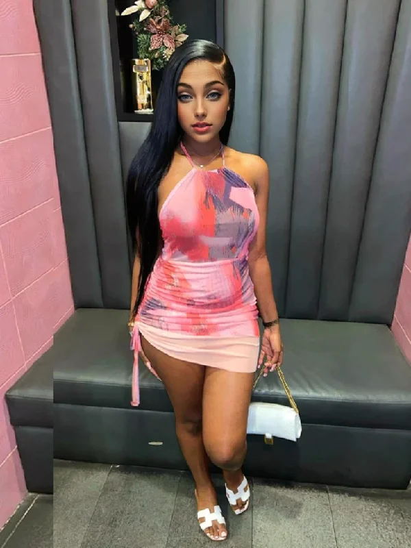 Julia Fashion - Sexy Print Halter Lace Up Backless Drawstring Mini Dress Chic Sleeveless Mini Dress