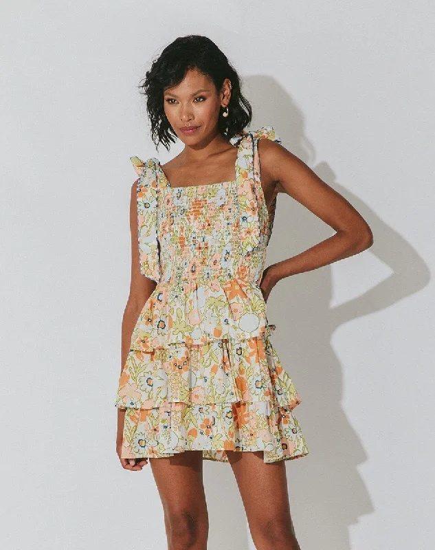 Tamara Mini Dress Retro Floral Stylish Ribbed Mini Dress